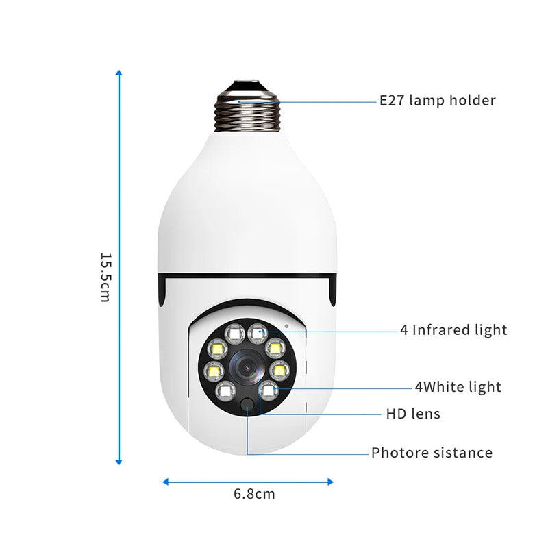 E27 Câmera com visão noturna - 2.4G, bulbo, Wifi, câmera  automática, sensor de movimento, zoom.