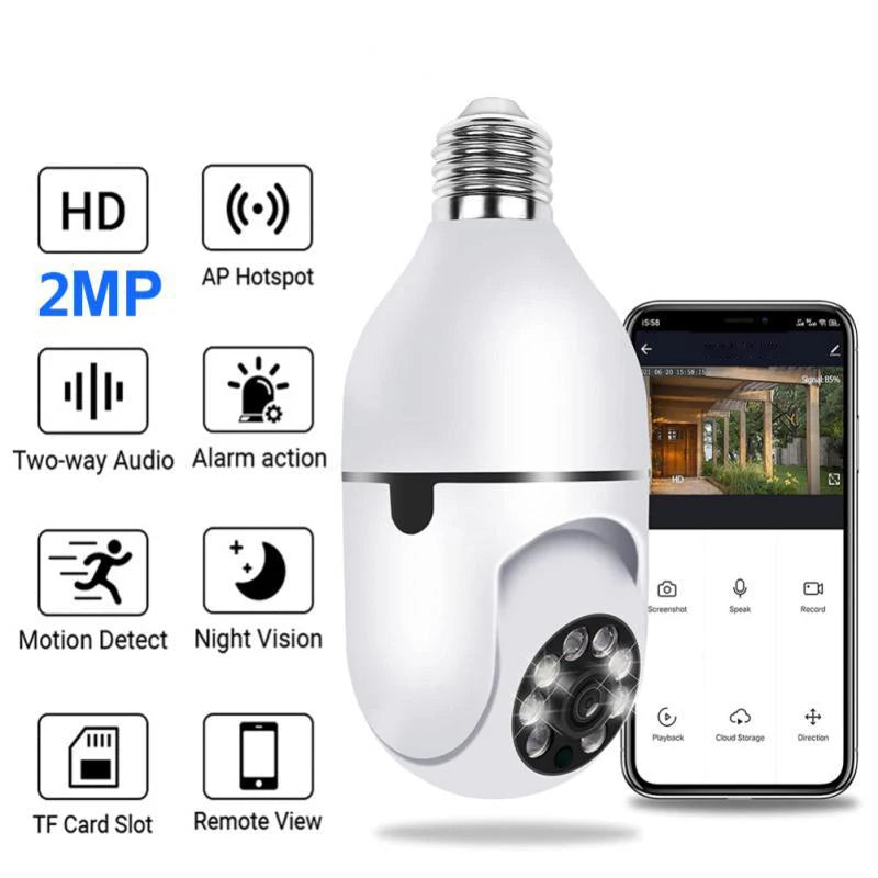 E27 Câmera com visão noturna - 2.4G, bulbo, Wifi, câmera  automática, sensor de movimento, zoom.